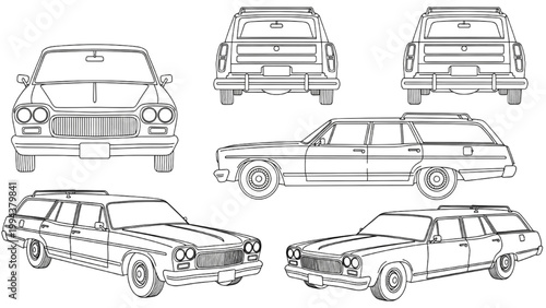 Billede på lærred An illustration shows various views of a station wagon car