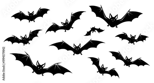 Eerie flying bats silhouette collection in dynamic motion spooky Halloween vector illustration isolated on white background