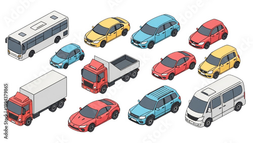Vehicles move on roads with various colorful cars and trucks present