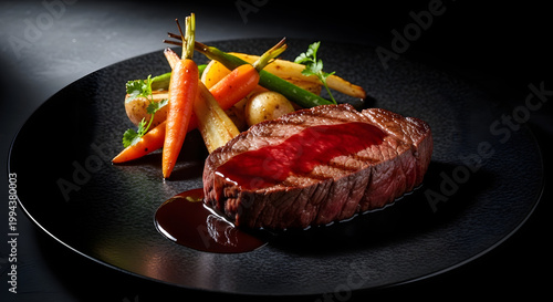 Delicious grilled steak served with roasted carrots and potatoes on a dark plate