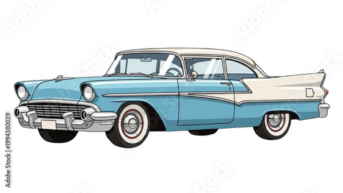 Classic blue vintage car illustration with chrome details on road