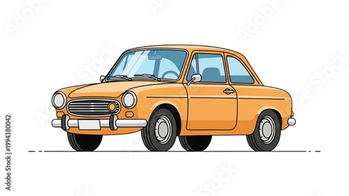 An illustration of a vintage orange car on the road in motion
