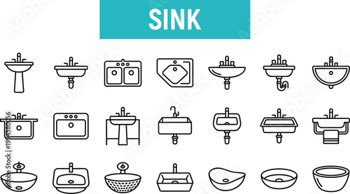 Bathroom sink and washbasin icon set featuring modern fixtures, plumbing designs, sanitary equipment and interior bathroom elements