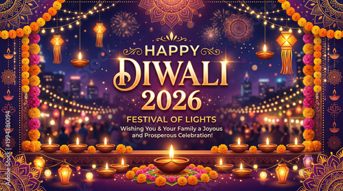 Happy Diwali 2026 invitation card with floral garlands and lit diyas.