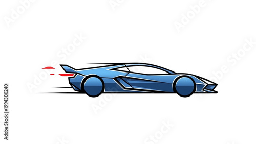 A blue sports car speeds quickly on a track with flames coming out