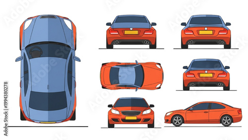 Multiple views of a red car showcased from various angles on a clean surface