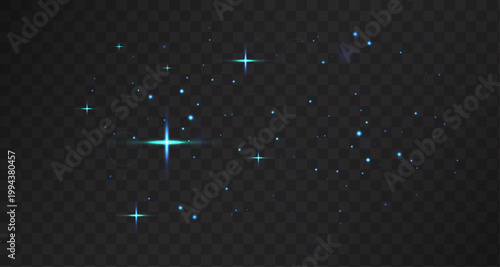 Turquoise glowing dust and stars scattered with different opacity and sizes. Abstract light effect on dark grid background.