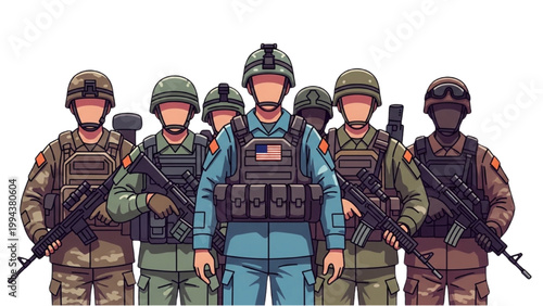 Soldiers in various uniforms stand together with guns and gear.