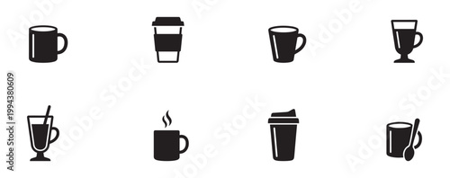 Coffee mugs and takeaway cup icon set with tall latte glasses, steaming mug, and spoon, black silhouettes isolated on white background. Vector Illustration.	
