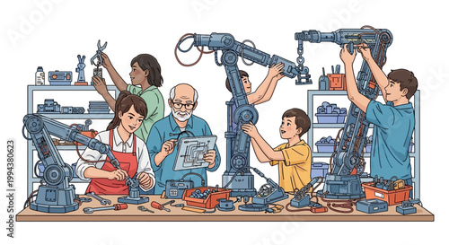 Detailed vector illustration showcasing a diverse group of people working on industrial robot assembly with robotics engineering components on a workbench in a brightly lit factory