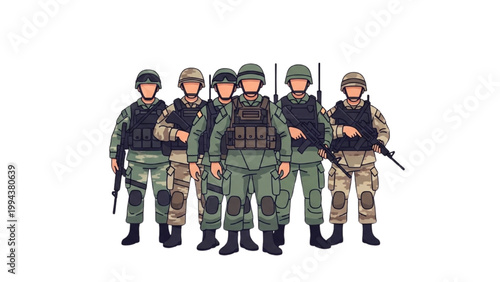 Soldiers in military uniforms stand ready with guns in a tactical formation outdoors.