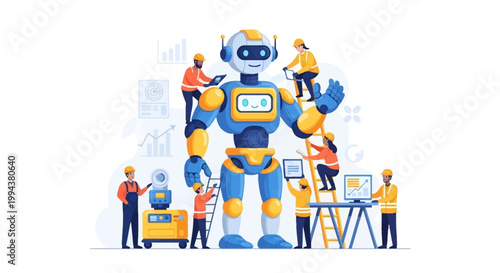 Vector illustration showing a team of characters working on a large industrial robot, performing robot assembly with automotive and electronics components against a clean white background