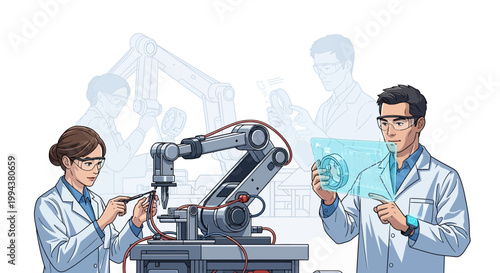 Illustration of two robotics engineers assembling an industrial robot, with one using a soldering iron and the other holding a futuristic tablet, set against a clean white background