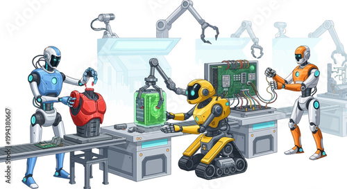 A vector illustration depicts robot characters assembling automotive electronics on a production line, with robots working efficiently in a bright futuristic factory, conveying a sense