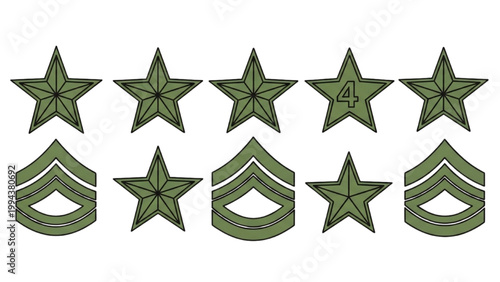 Military rank insignia patches are displayed on a white background