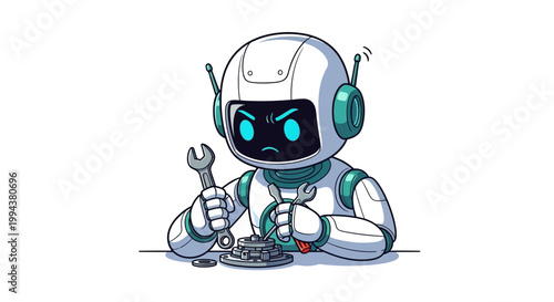 Cartoon illustration of a frustrated robotics engineering character holding wrenches while assembling gears, depicted in a clean vector style against a white background, creating a humorous