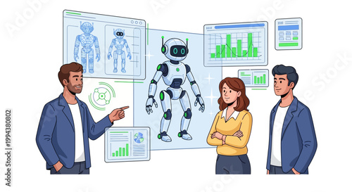 A team of engineers reviews the design of an industrial robot in a vector illustration, with data displays and diagrams enhancing the presentation against a bright background