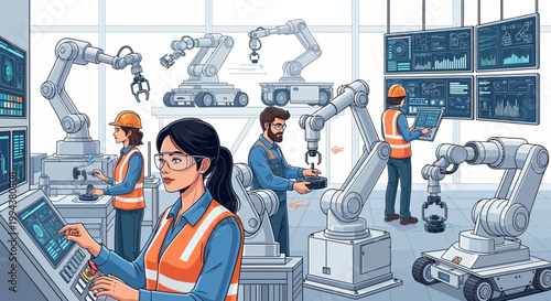 A diverse team of robotics engineering technicians manage industrial robots in a factory setting, with an illustration style and soft, neutral color palette conveying a scene of efficient