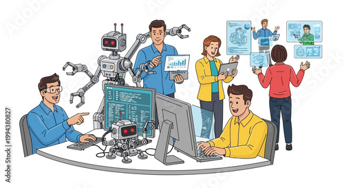 An illustration showcases a diverse team of robotic engineers collaborating on industrial robot assembly, with a focus on efficiency and production, set against a clean white background