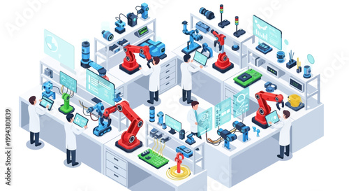 Isometric illustration of characters in a brightly lit robotics engineering lab, assembling industrial robots with manufacturing processes displayed on screens, conveying efficiency