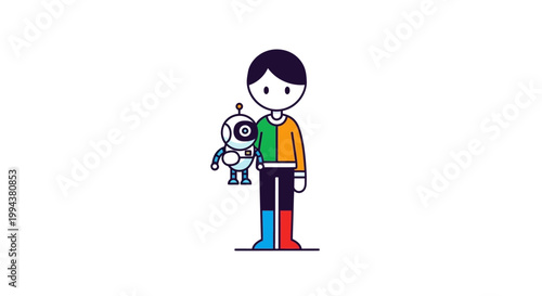 Colorful vector illustration showing a young character holding a small industrial robot, symbolizing robotics engineering and industry efficiency, set against a clean white background