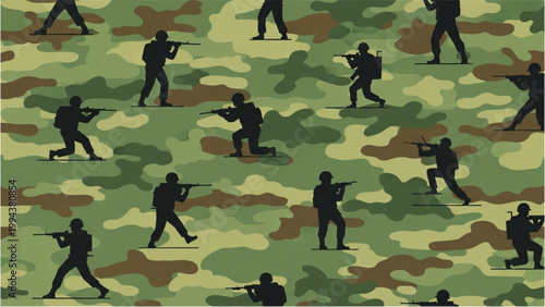 Soldiers in camouflage gear move stealthily through a green and brown environment.