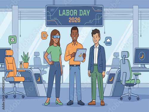 Labor Day 2026, office workers, diverse team, workplace celebration, Labor Day sale