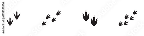 Prehistoric dinosaur trackway and footprint trails icon set with reptile walking patterns, black silhouettes isolated on white background. Vector Illustration.	
