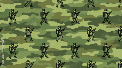 Soldiers marching across camouflage fabric with rifles in a military pattern