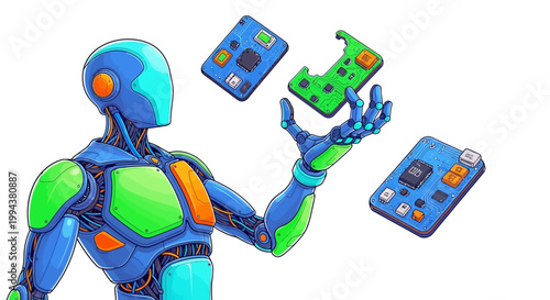 A stylized vector illustration features a blue and green robot juggling circuit boards against a clean white background, conveying a sense of technological prowess and efficiency