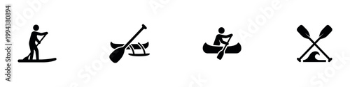 Water sports and paddling icon set with SUP, canoe, kayak, and crossed oars symbols, black silhouettes isolated on white background. Vector Illustration.	
