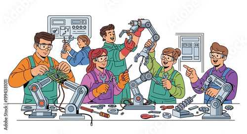 A team of characters work together in a vector illustration, assembling manufacturing robots on a white table, with a bright and optimistic feel and a clean design representing efficiency