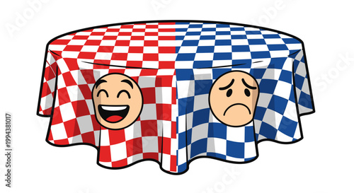 Chessboard with smiling and sad face characters on table