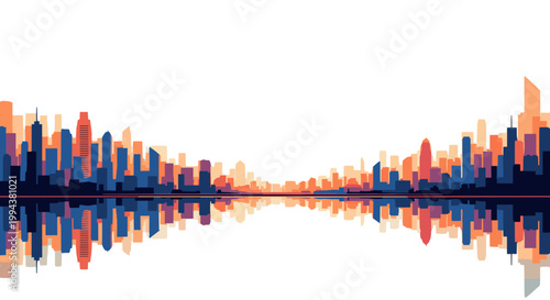 Abstract cityscape skyline with colorful buildings and reflection