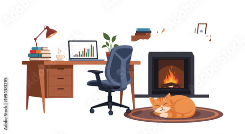 Cozy home office with fireplace and sleeping cat