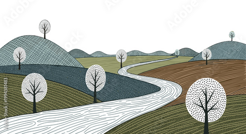 Scenic landscape with winding road and trees in countryside