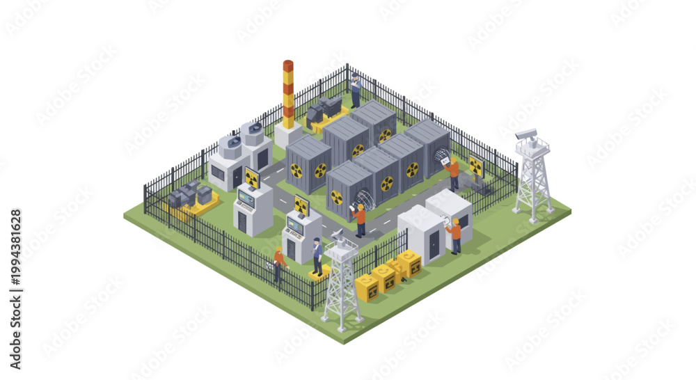 Obraz premium Isometric Industrial Power Plant with Fencing and Equipment.