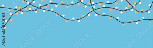 Christmas light garland, border decoration. Xmas bulbs hanging on string, sea...