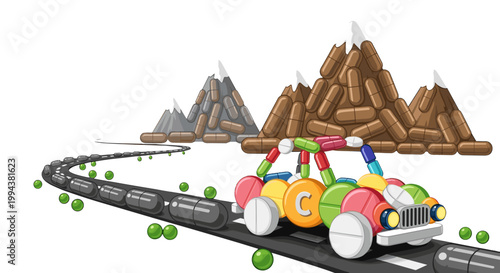 Colorful cartoon car with pills and mountain landscape