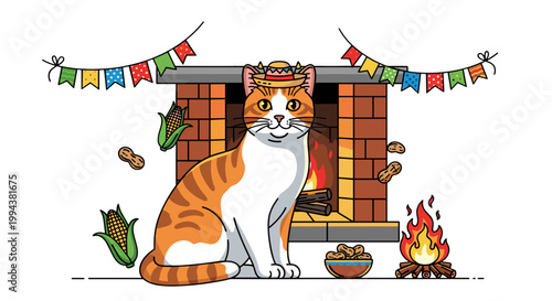 Cozy Cat Wearing a Sombrero by the Fireplace