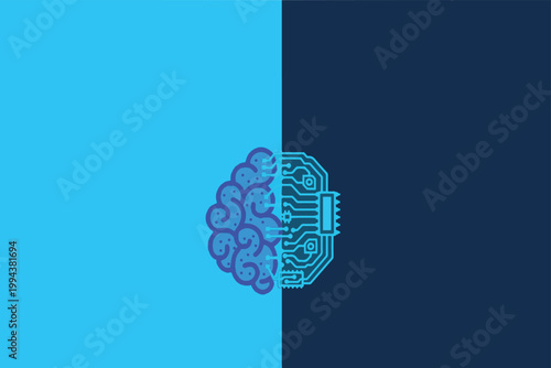 Conceptual vector illustration of a human brain merging with a digital circuit board, symbolizing artificial intelligence, machine learning, and the fusion of human and computer intelligence.
