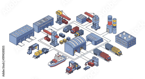 Isometric Logistics Network with Warehouses, Cranes, Trucks, and Ships.