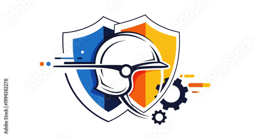 Celebrating World Day for Safety and Health at Work, a clean vector graphic of a construction helmet and protective shields conveys safety, set against a stark white background with vibrant