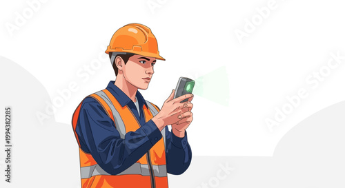Celebrating World Day for Safety and Health at Work, a focused construction worker in safety gear carefully inspects a mobile device against a clean white background, highlighting