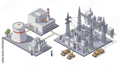 Isometric Nuclear Power Plant and Electrical Substation Illustration.