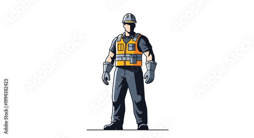 Full shot of a construction worker standing confidently, wearing a safety vest and hard hat in observance of World Day for Safety and Health at Work, set against a clean white backdrop