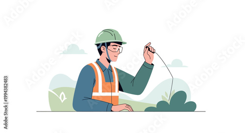 A construction worker carefully uses a plumb bob for precise measurement, wearing safety glasses and a helmet, set against a serene, flat background, embodying the spirit of World Day