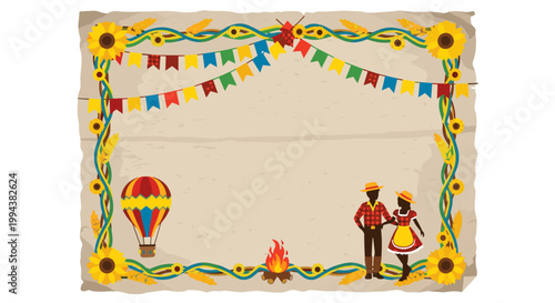 Colorful festive border with children and hot air balloon