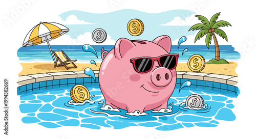Rich Piggy Bank Relaxing in Pool with Gold Coins