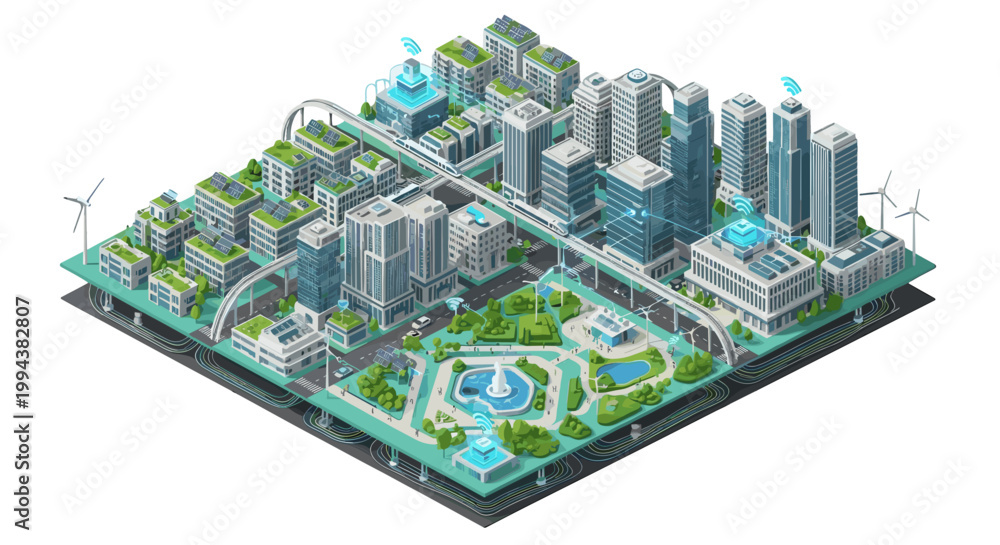 Obraz premium Modern Isometric Smart City with Green Spaces and Sustainable Architecture